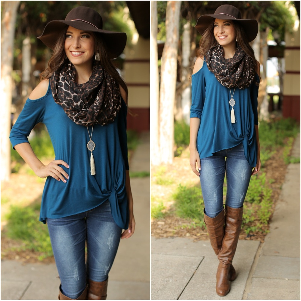 Teal cold shoulder tie front top